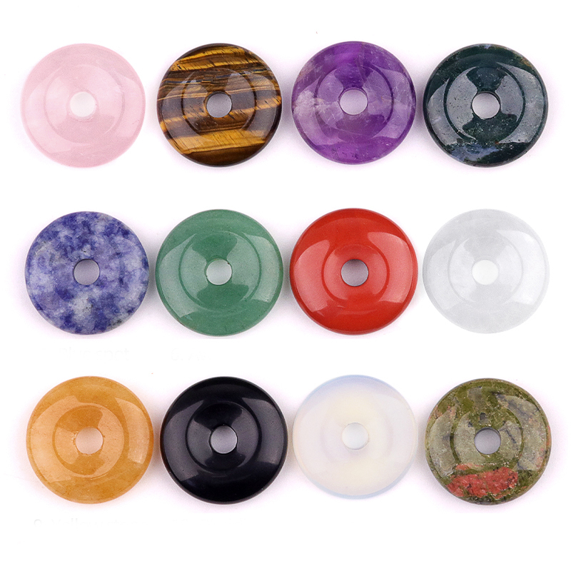 30MM Round Disc Lucky Coin Pingan Pendant for Jewelry Making Polished Crystal Amulet Peace Circle Donut Stone Beads 6MM Large Hole in Middle