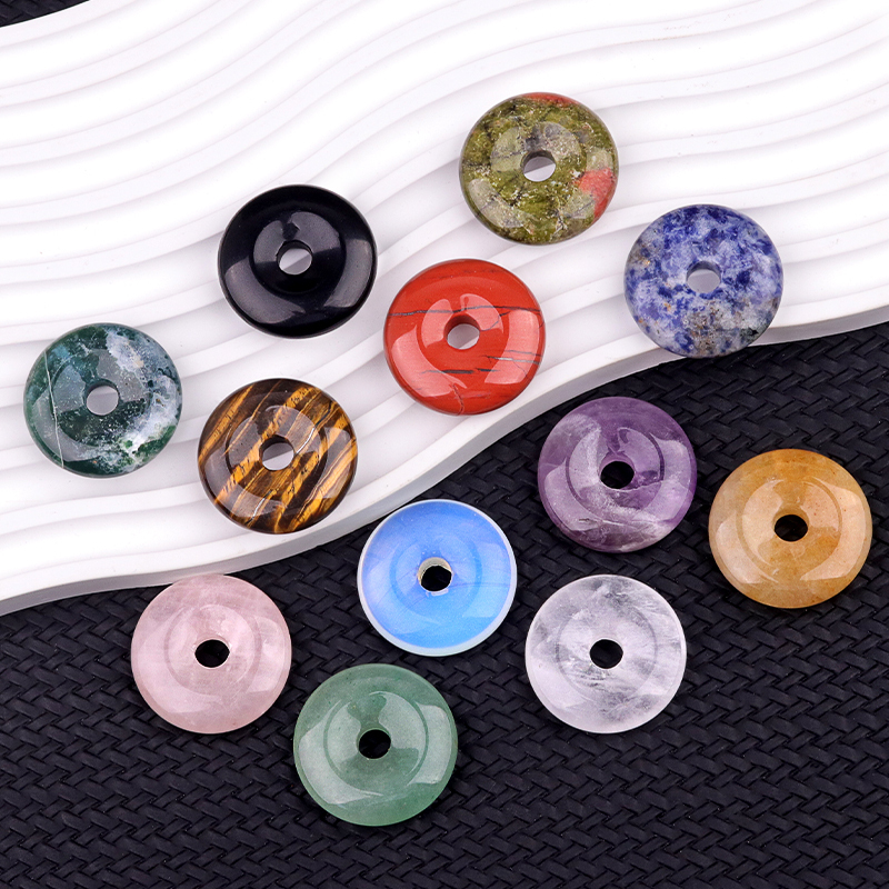 30MM Round Disc Lucky Coin Pingan Pendant for Jewelry Making Polished Crystal Amulet Peace Circle Donut Stone Beads 6MM Large Hole in Middle