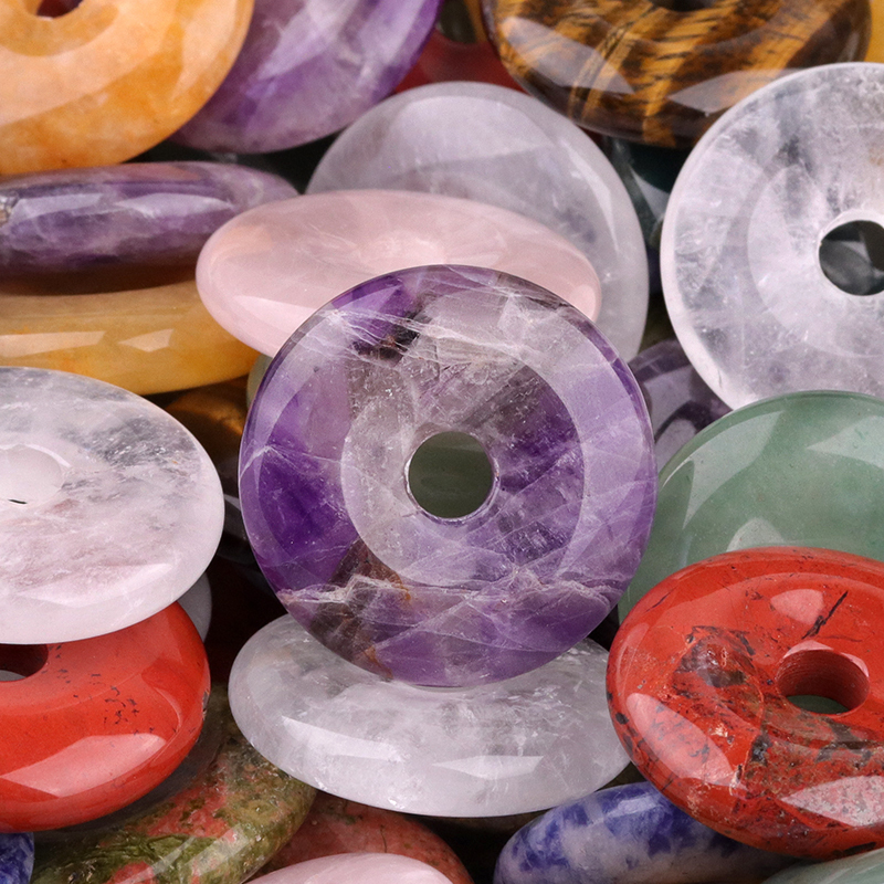 30MM Round Disc Lucky Coin Pingan Pendant for Jewelry Making Polished Crystal Amulet Peace Circle Donut Stone Beads 6MM Large Hole in Middle