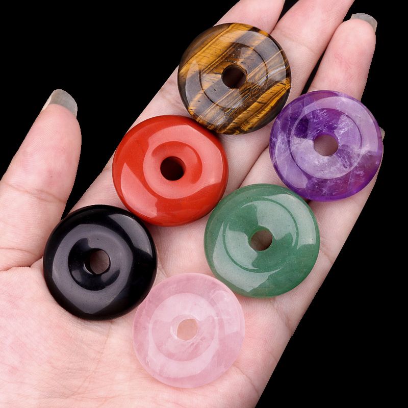30MM Round Disc Lucky Coin Pingan Pendant for Jewelry Making Polished Crystal Amulet Peace Circle Donut Stone Beads 6MM Large Hole in Middle