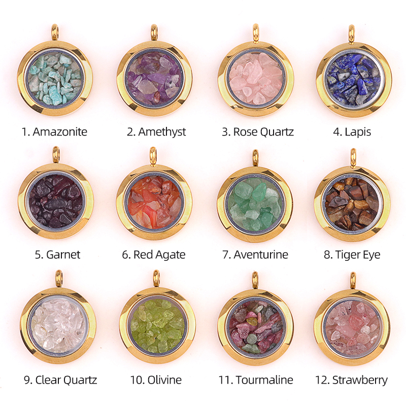 Gold Stainless Steel Living Memory Floating Locket Chamrs Gemstone Pendant Necklace