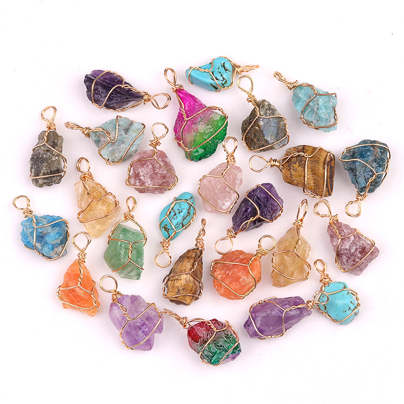 Natural Irregular Nuggets Chakra Crystal Stone Pendants Wire Wrapped Charms for DIY Bracelets Necklaces Earrings Jewelry Making