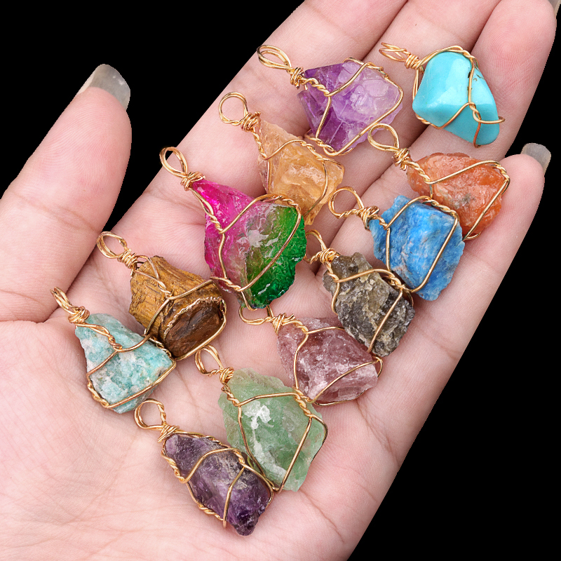Natural Irregular Nuggets Chakra Crystal Stone Pendants Wire Wrapped Charms for DIY Bracelets Necklaces Earrings Jewelry Making