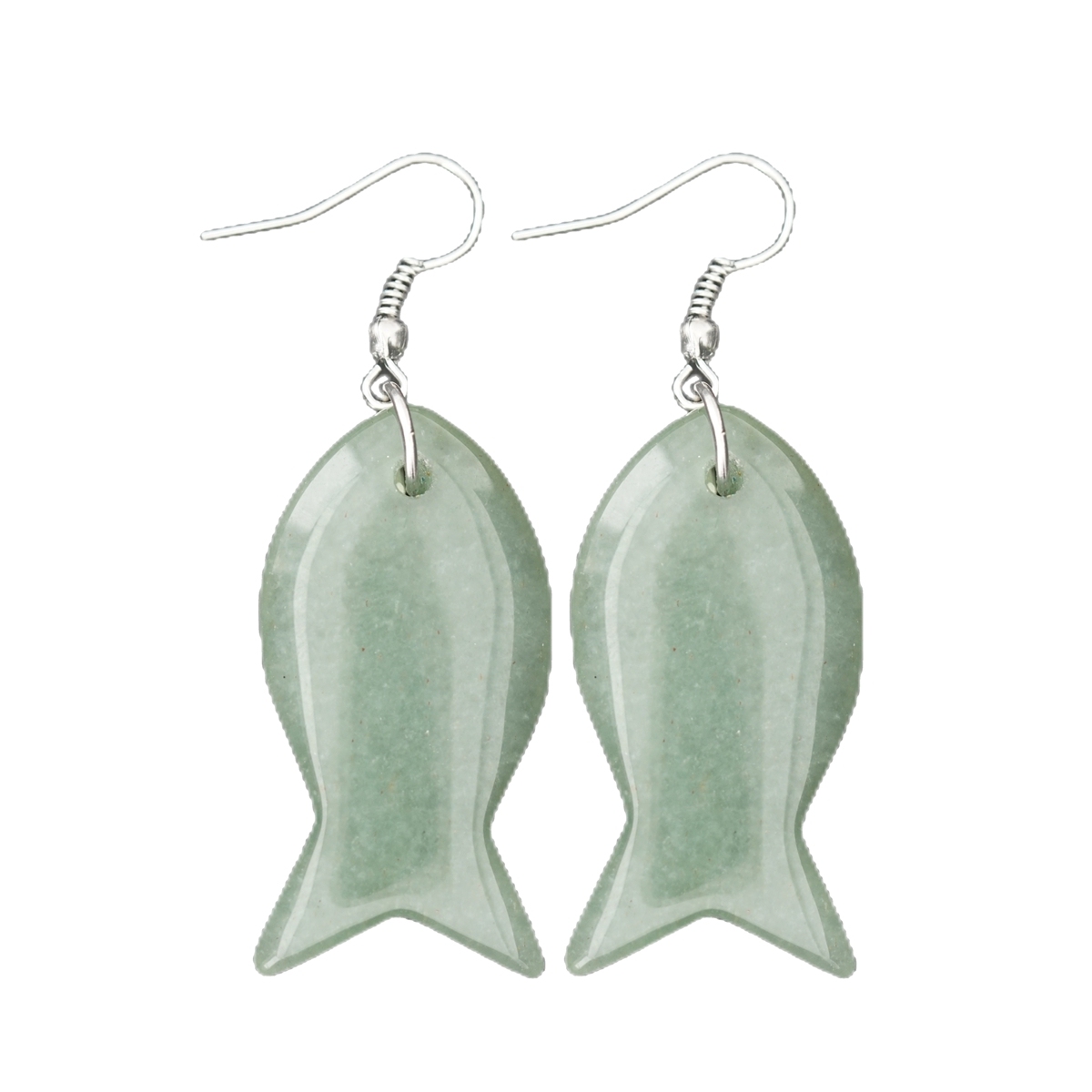 Handmade Craved Fish Gemstone Pendant Silver Ear Hoop Drop Earrings for Women Girl