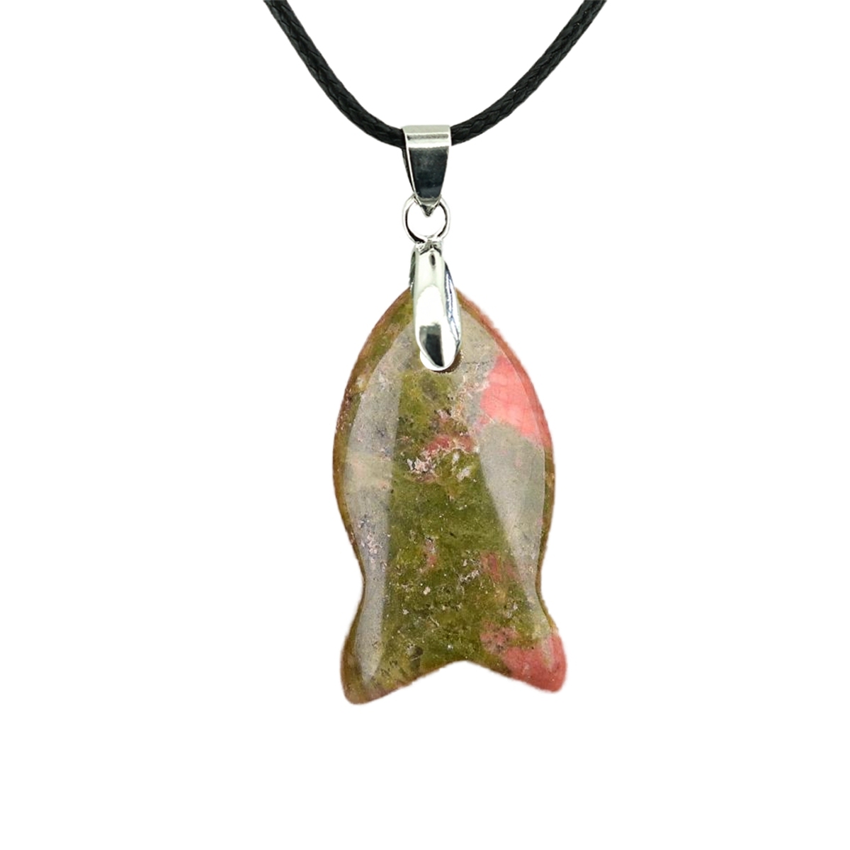 Handmade Craved Fish Gemstone Pendant Necklace 45cm Black Cord