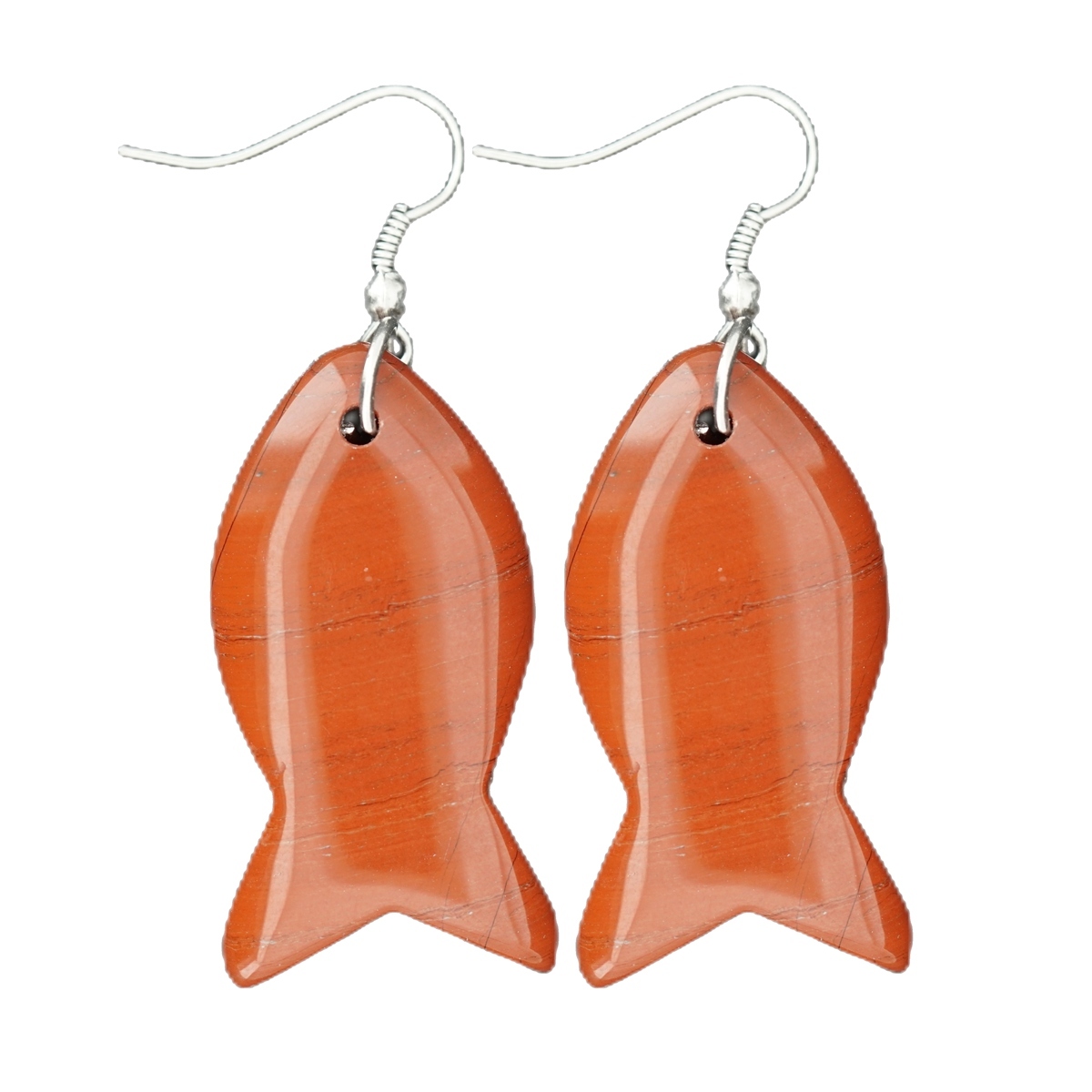 Handmade Craved Fish Gemstone Pendant Silver Ear Hoop Drop Earrings for Women Girl