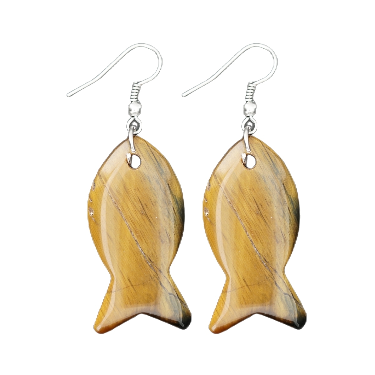 Handmade Craved Fish Gemstone Pendant Silver Ear Hoop Drop Earrings for Women Girl