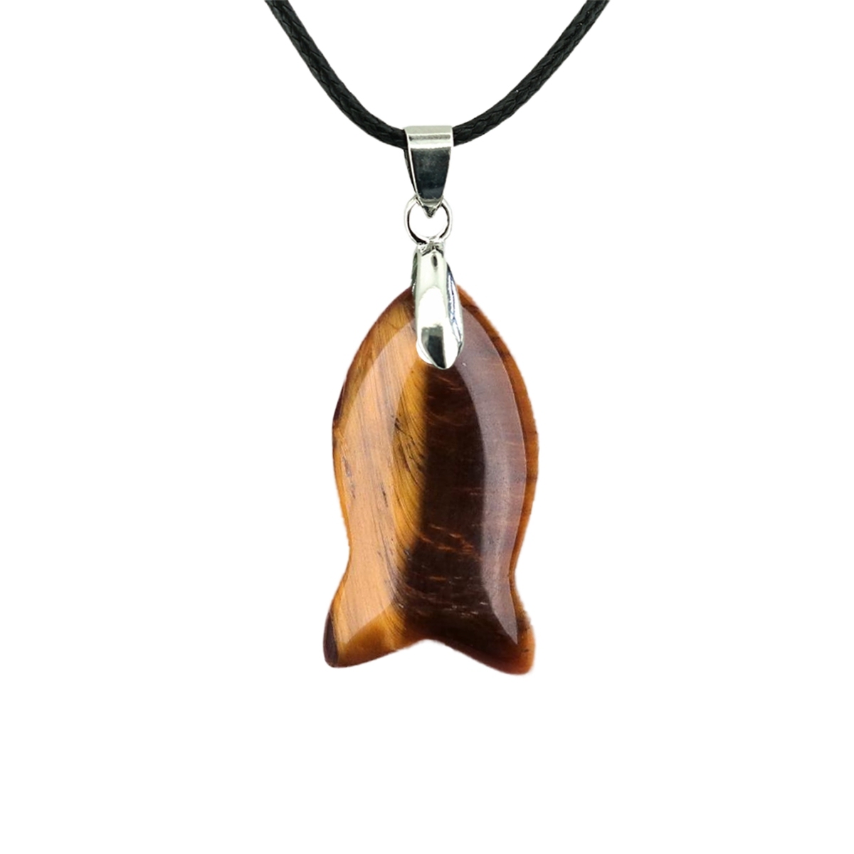 Handmade Craved Fish Gemstone Pendant Necklace 45cm Black Cord