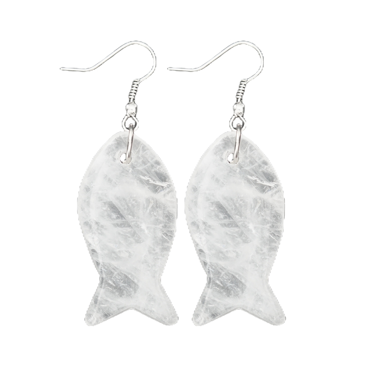 Handmade Craved Fish Gemstone Pendant Silver Ear Hoop Drop Earrings for Women Girl