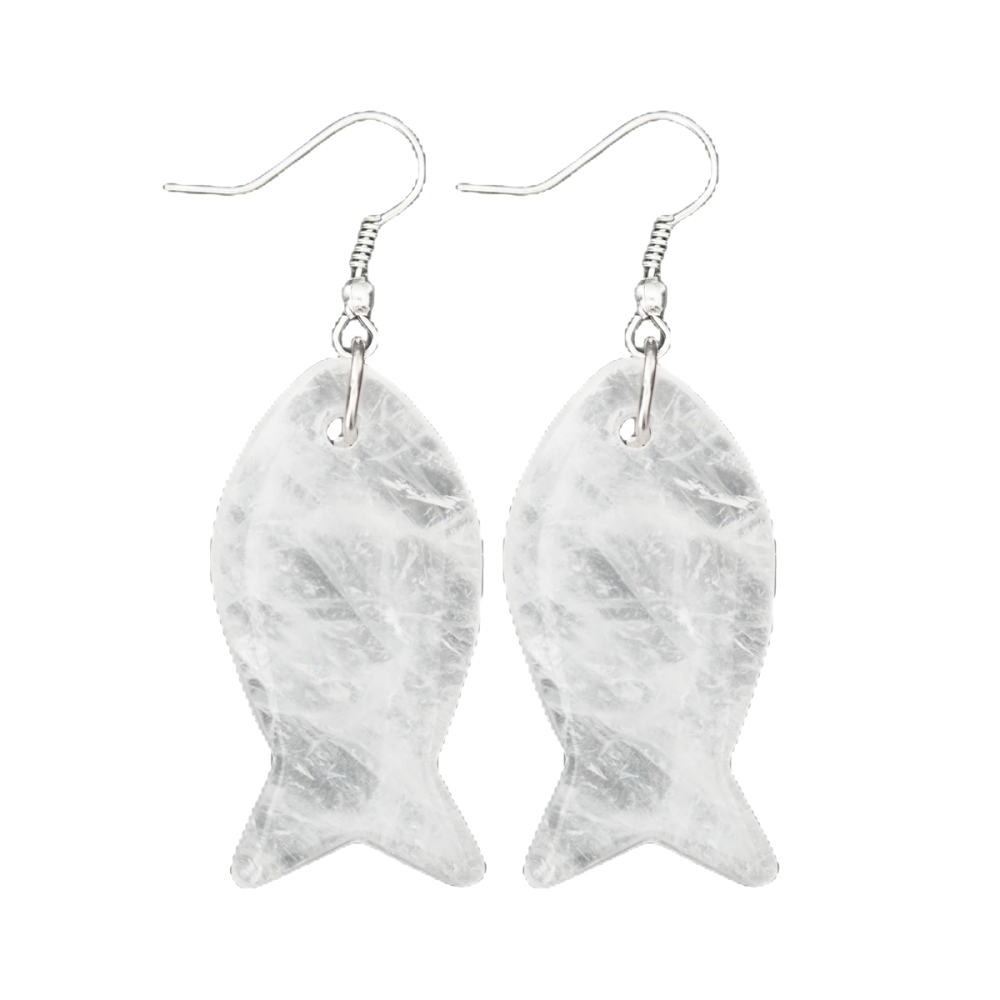 Handmade Craved Fish Gemstone Pendant Silver Ear Hoop Drop Earrings for Women Girl