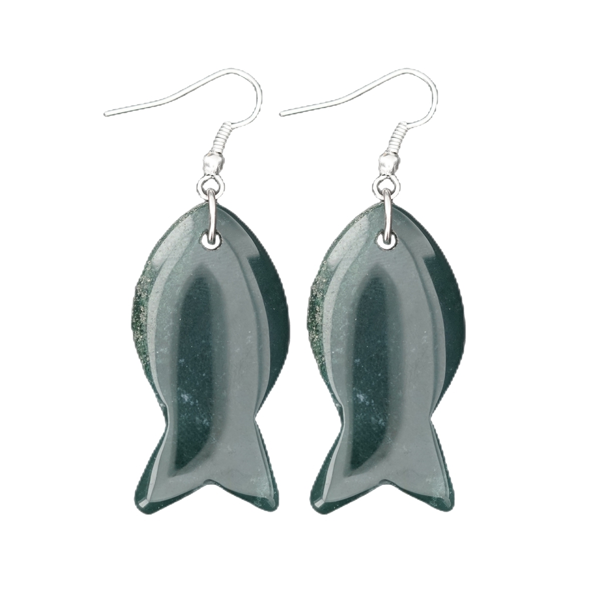 Handmade Craved Fish Gemstone Pendant Silver Ear Hoop Drop Earrings for Women Girl