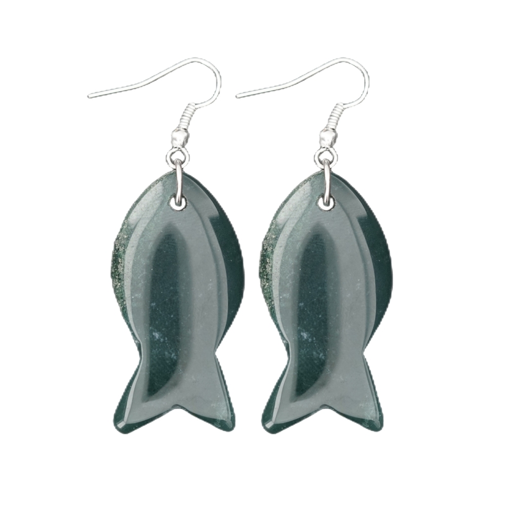 Handmade Craved Fish Gemstone Pendant Silver Ear Hoop Drop Earrings for Women Girl