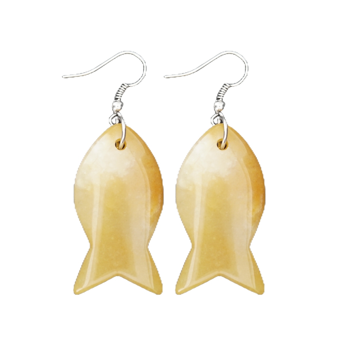 Handmade Craved Fish Gemstone Pendant Silver Ear Hoop Drop Earrings for Women Girl