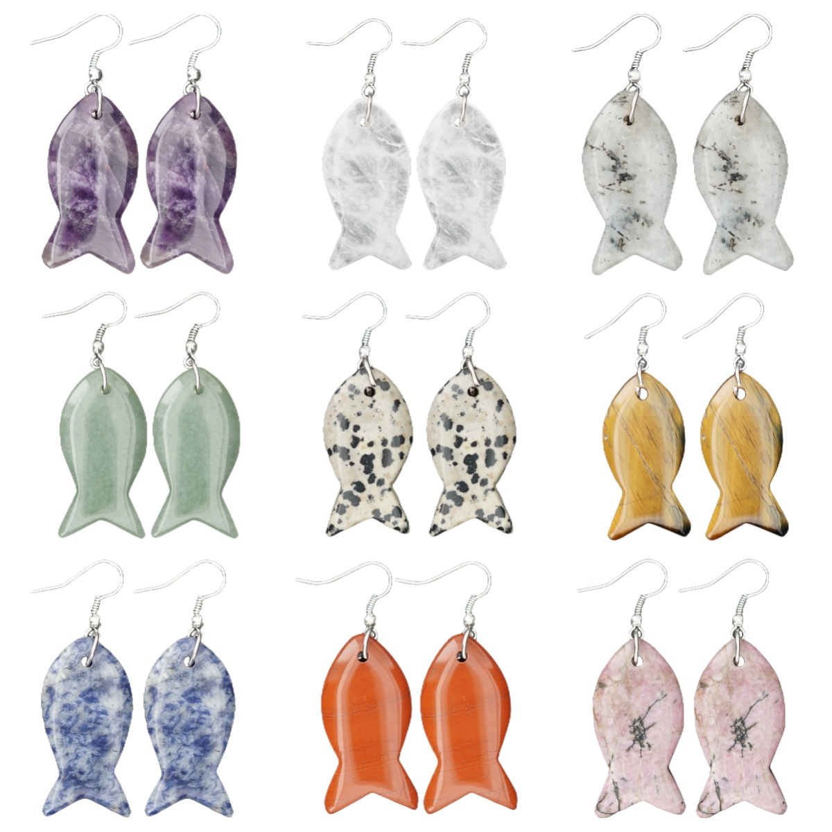 Handmade Craved Fish Gemstone Pendant Silver Ear Hoop Drop Earrings for Women Girl