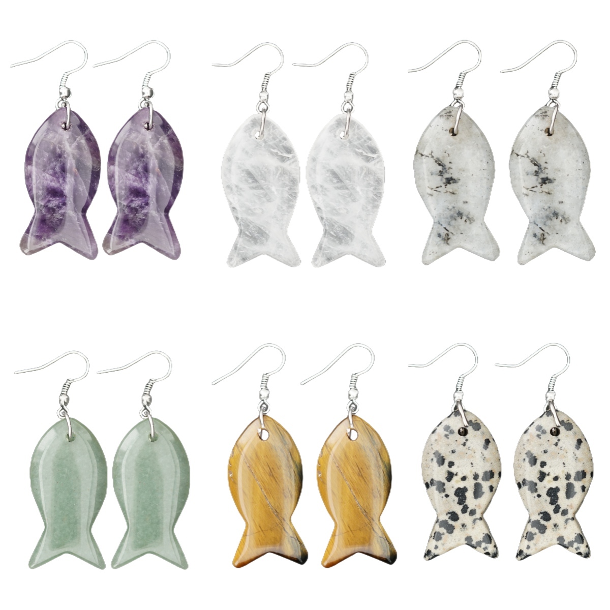 Handmade Craved Fish Gemstone Pendant Silver Ear Hoop Drop Earrings for Women Girl