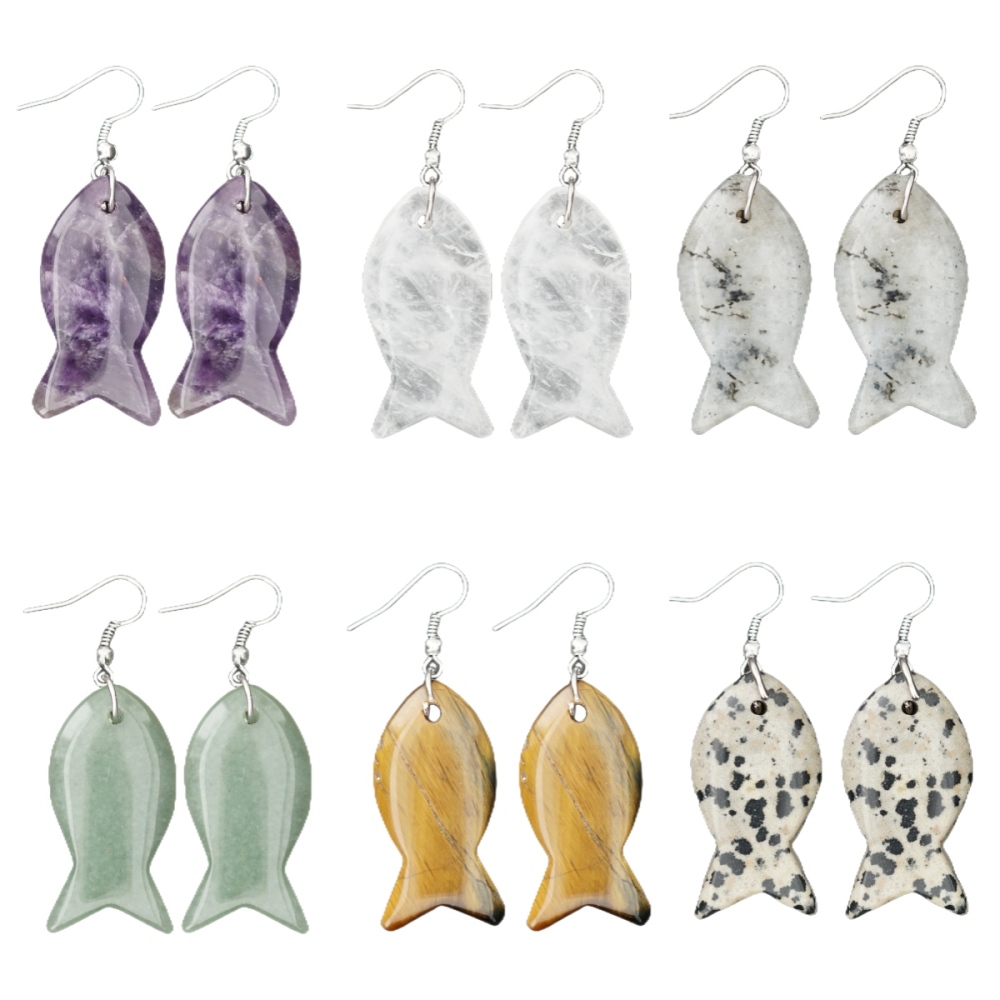 Handmade Craved Fish Gemstone Pendant Silver Ear Hoop Drop Earrings for Women Girl