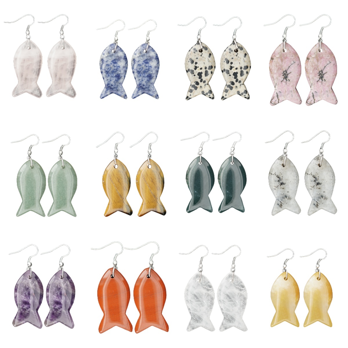 Handmade Craved Fish Gemstone Pendant Silver Ear Hoop Drop Earrings for Women Girl