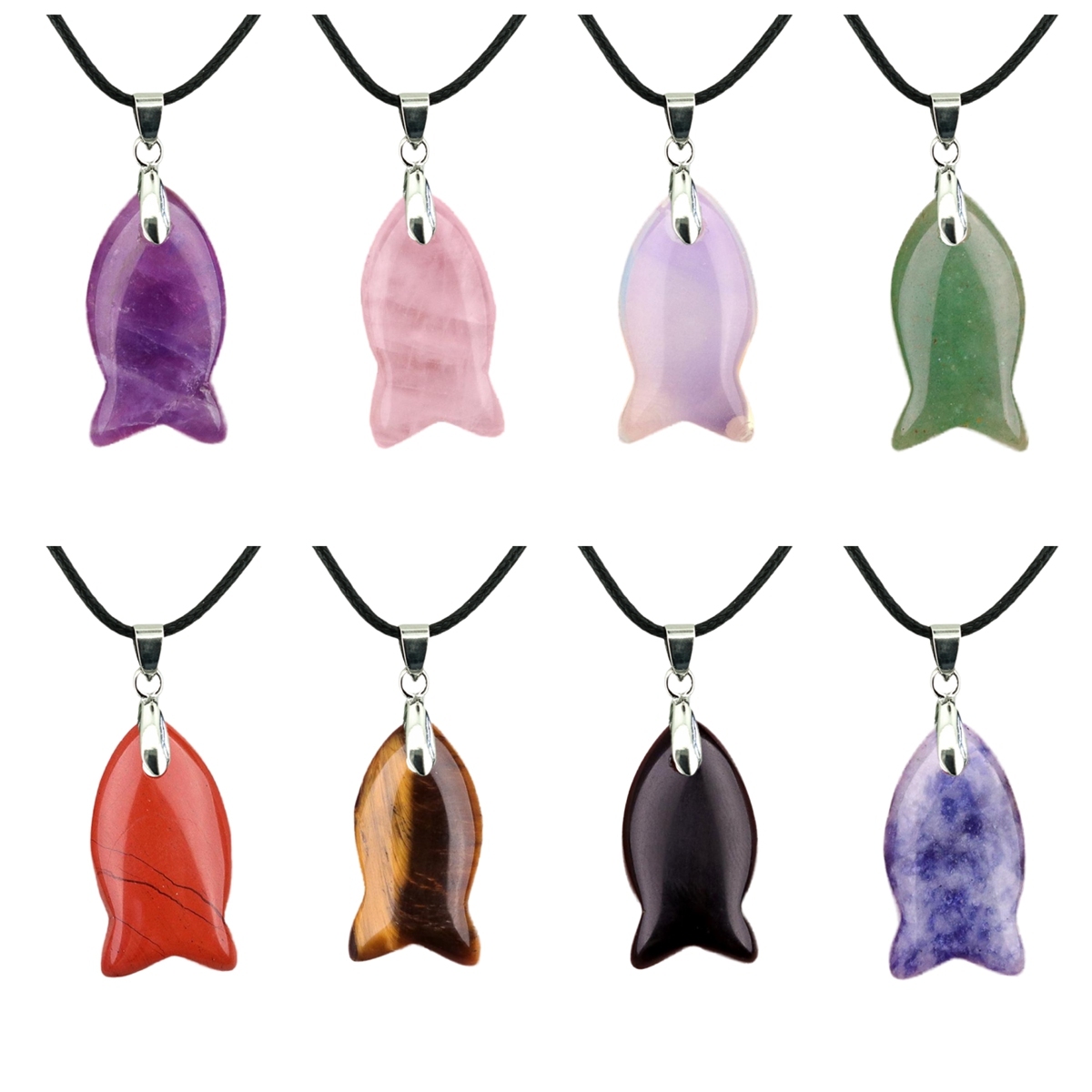Handmade Craved Fish Gemstone Pendant Necklace 45cm Black Cord