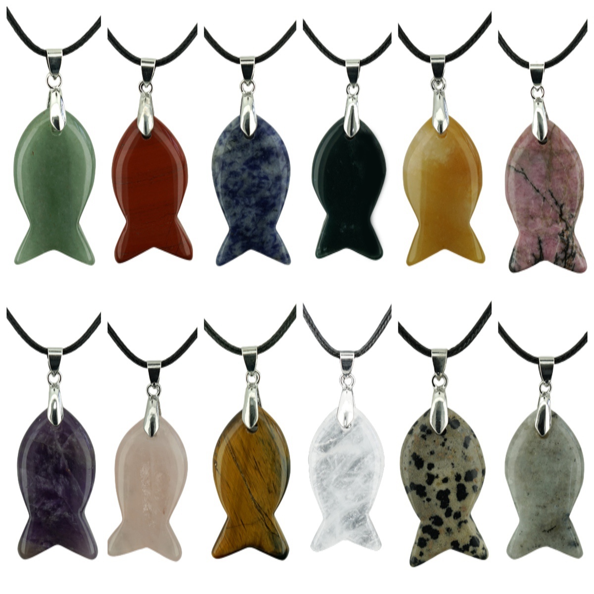 Handmade Craved Fish Gemstone Pendant Necklace 45cm Black Cord