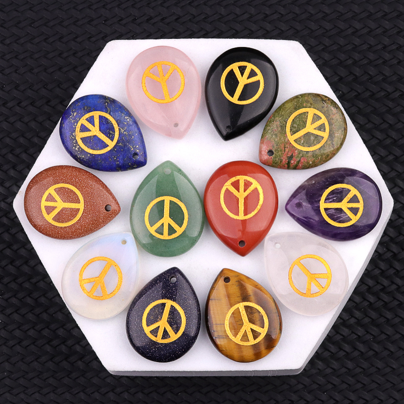 Gold Directional Sign " Peace " Teardrop Gemstone Pendant for Making Jewelry