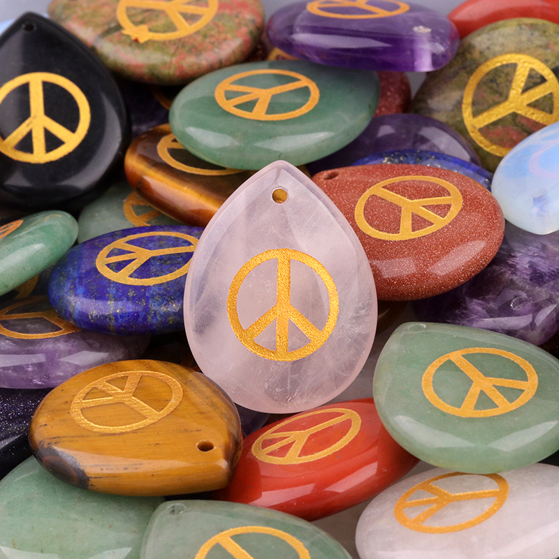 Gold Directional Sign " Peace " Teardrop Gemstone Pendant for Making Jewelry