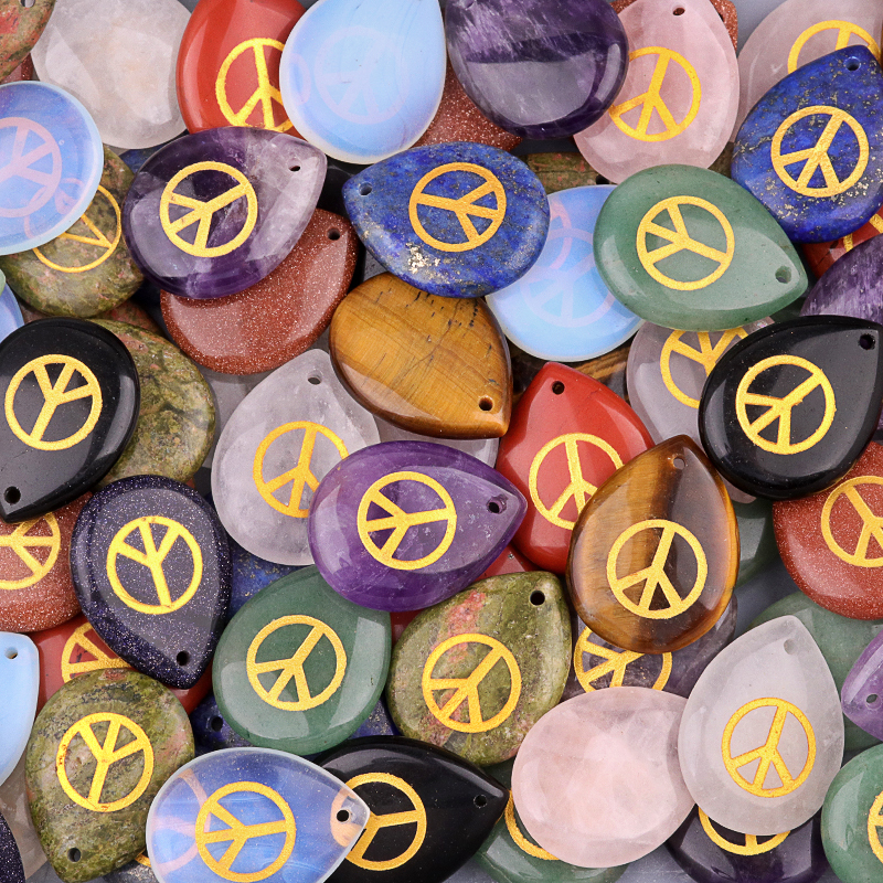 Gold Directional Sign " Peace " Teardrop Gemstone Pendant for Making Jewelry