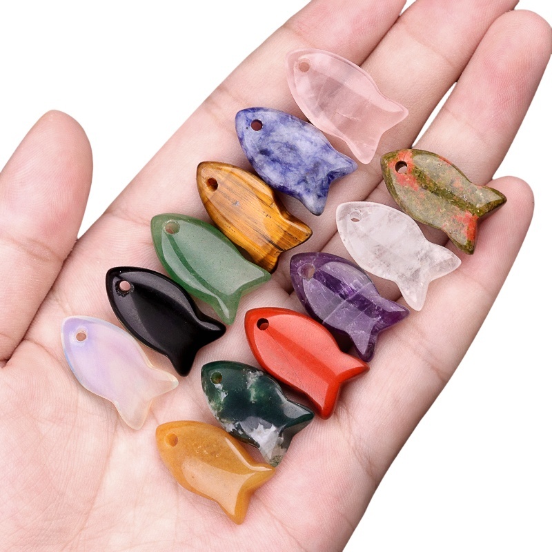 Handmade Craved Fish Gemstone Pendant for Making Jewelry 12X20MM