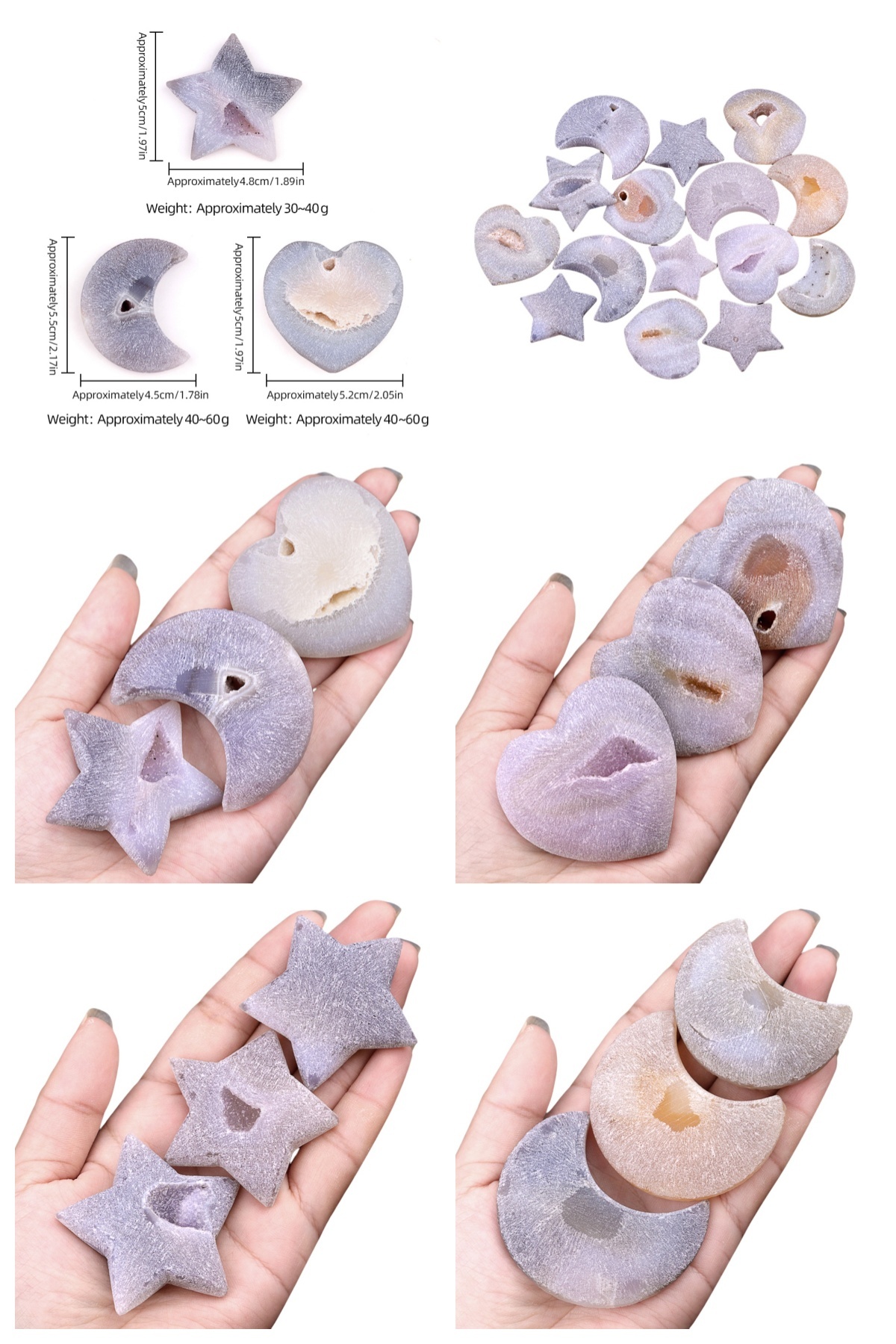 2.0Inch Handmade Craved Matte Agate Heart Moon Star for Home Decoration #SP1921