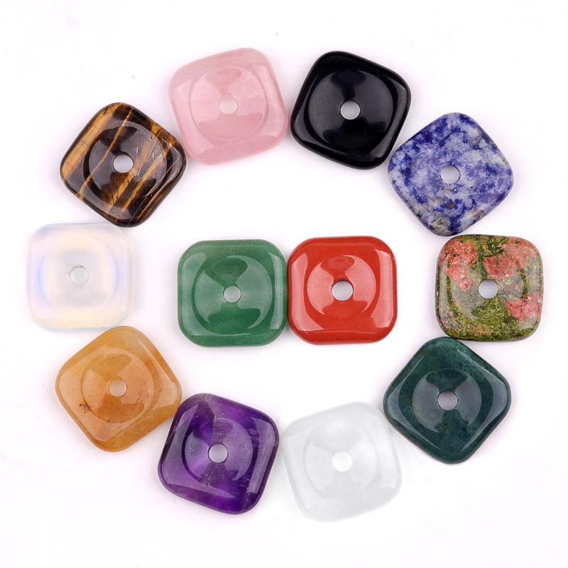 30MM Square Disc Lucky Coin Pingan Pendant for Jewelry Making Polished Crystal Amulet Peace Circle Donut Stone Beads 6MM Large Hole in Middle