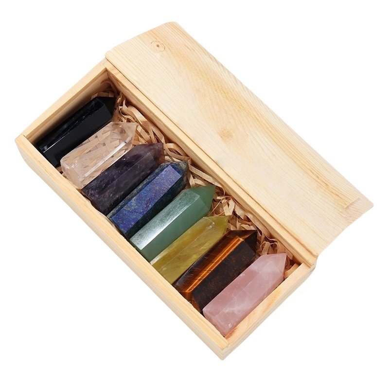 Natural Stone 4-5CM Crystal Column Point 8 Pieces Set in Wood Box Hexagonal Column Crystal Healing Stone Handicraft Friend Gift Set