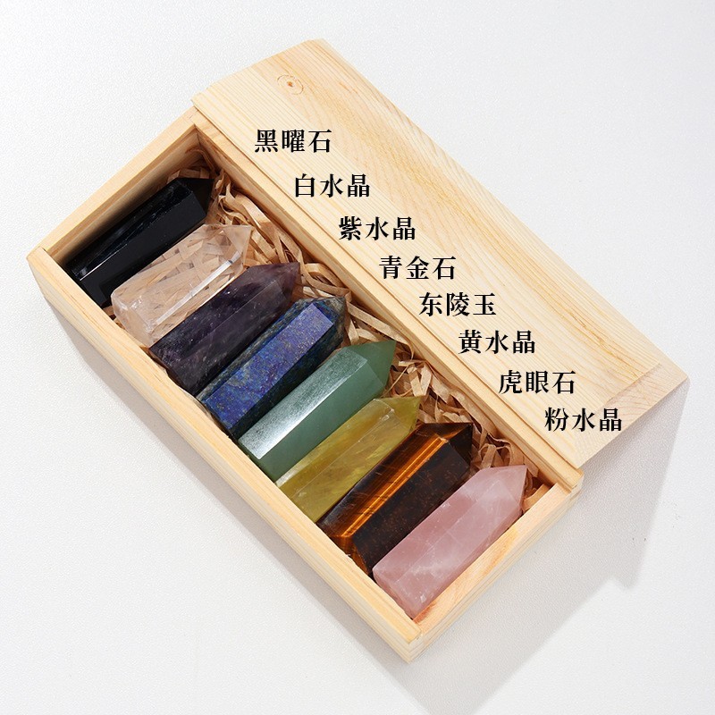 Natural Stone 4-5CM Crystal Column Point 8 Pieces Set in Wood Box Hexagonal Column Crystal Healing Stone Handicraft Friend Gift Set
