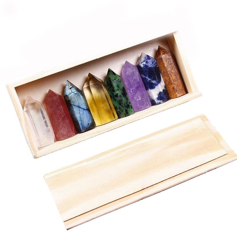 Natural Stone 4-5CM Crystal Column Point 8 Pieces Set in Wood Box Hexagonal Column Crystal Healing Stone Handicraft Friend Gift Set