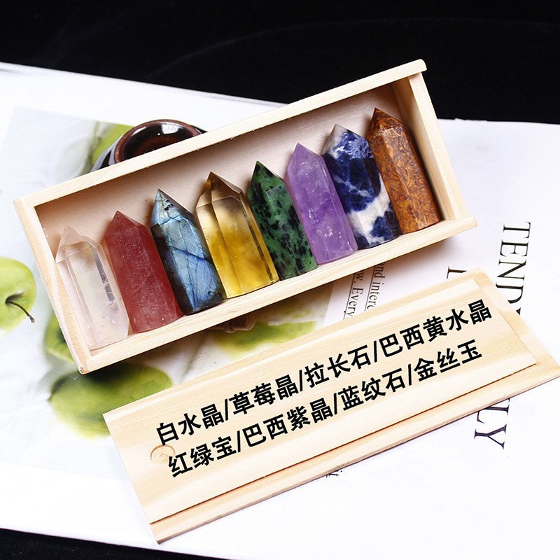 Natural Stone 4-5CM Crystal Column Point 8 Pieces Set in Wood Box Hexagonal Column Crystal Healing Stone Handicraft Friend Gift Set