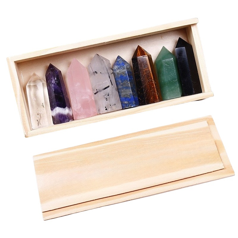 Natural Stone 4-5CM Crystal Column Point 8 Pieces Set in Wood Box Hexagonal Column Crystal Healing Stone Handicraft Friend Gift Set