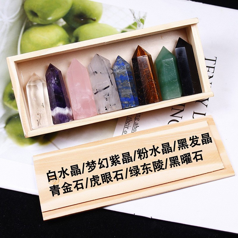 Natural Stone 4-5CM Crystal Column Point 8 Pieces Set in Wood Box Hexagonal Column Crystal Healing Stone Handicraft Friend Gift Set