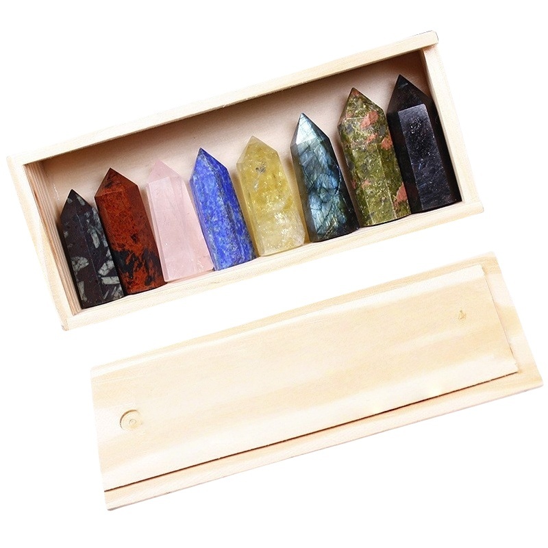 Natural Stone 4-5CM Crystal Column Point 8 Pieces Set in Wood Box Hexagonal Column Crystal Healing Stone Handicraft Friend Gift Set