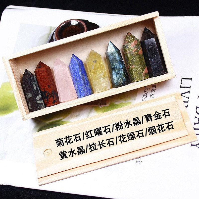 Natural Stone 4-5CM Crystal Column Point 8 Pieces Set in Wood Box Hexagonal Column Crystal Healing Stone Handicraft Friend Gift Set