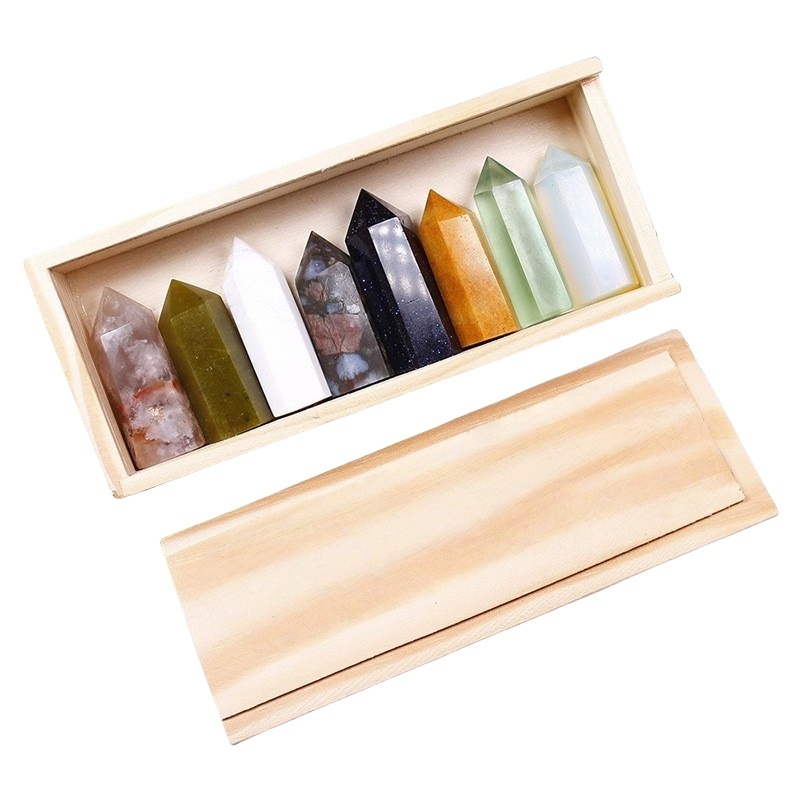 Natural Stone 4-5CM Crystal Column Point 8 Pieces Set in Wood Box Hexagonal Column Crystal Healing Stone Handicraft Friend Gift Set
