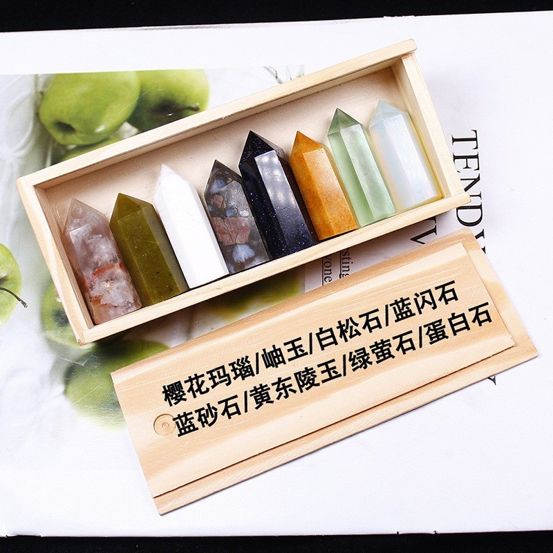 Natural Stone 4-5CM Crystal Column Point 8 Pieces Set in Wood Box Hexagonal Column Crystal Healing Stone Handicraft Friend Gift Set