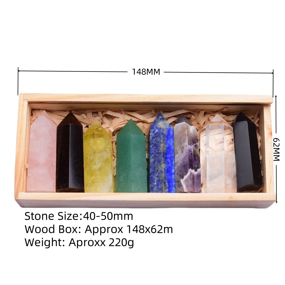 Natural Stone 4-5CM Crystal Column Point 8 Pieces Set in Wood Box Hexagonal Column Crystal Healing Stone Handicraft Friend Gift Set