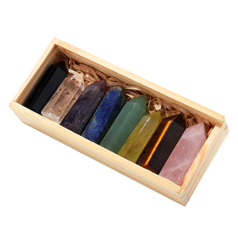 Natural Stone 4-5CM Crystal Column Point 8 Pieces Set in Wood Box Hexagonal Column Crystal Healing Stone Handicraft Friend Gift Set