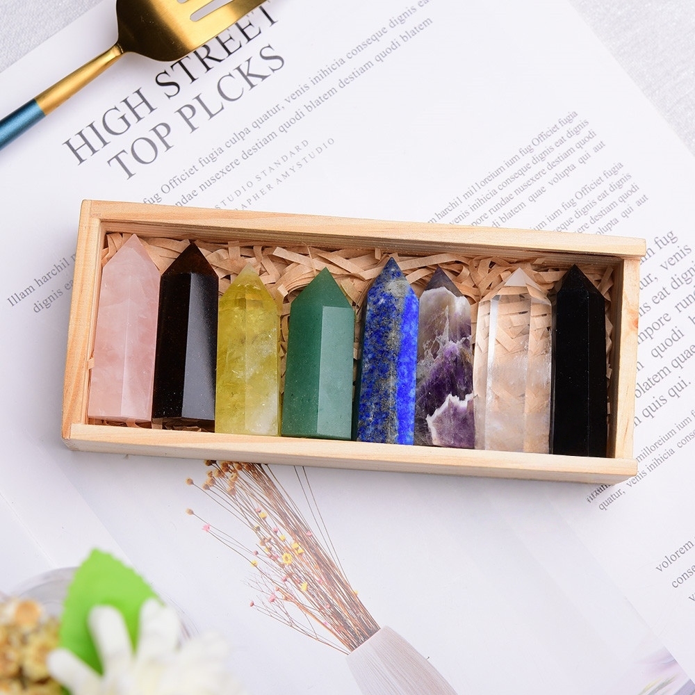 Natural Stone 4-5CM Crystal Column Point 8 Pieces Set in Wood Box Hexagonal Column Crystal Healing Stone Handicraft Friend Gift Set