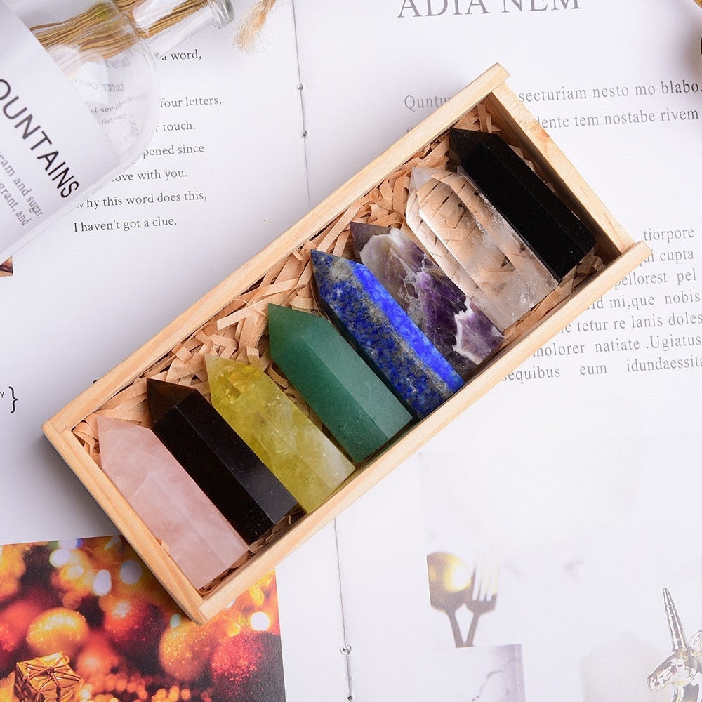 Natural Stone 4-5CM Crystal Column Point 8 Pieces Set in Wood Box Hexagonal Column Crystal Healing Stone Handicraft Friend Gift Set