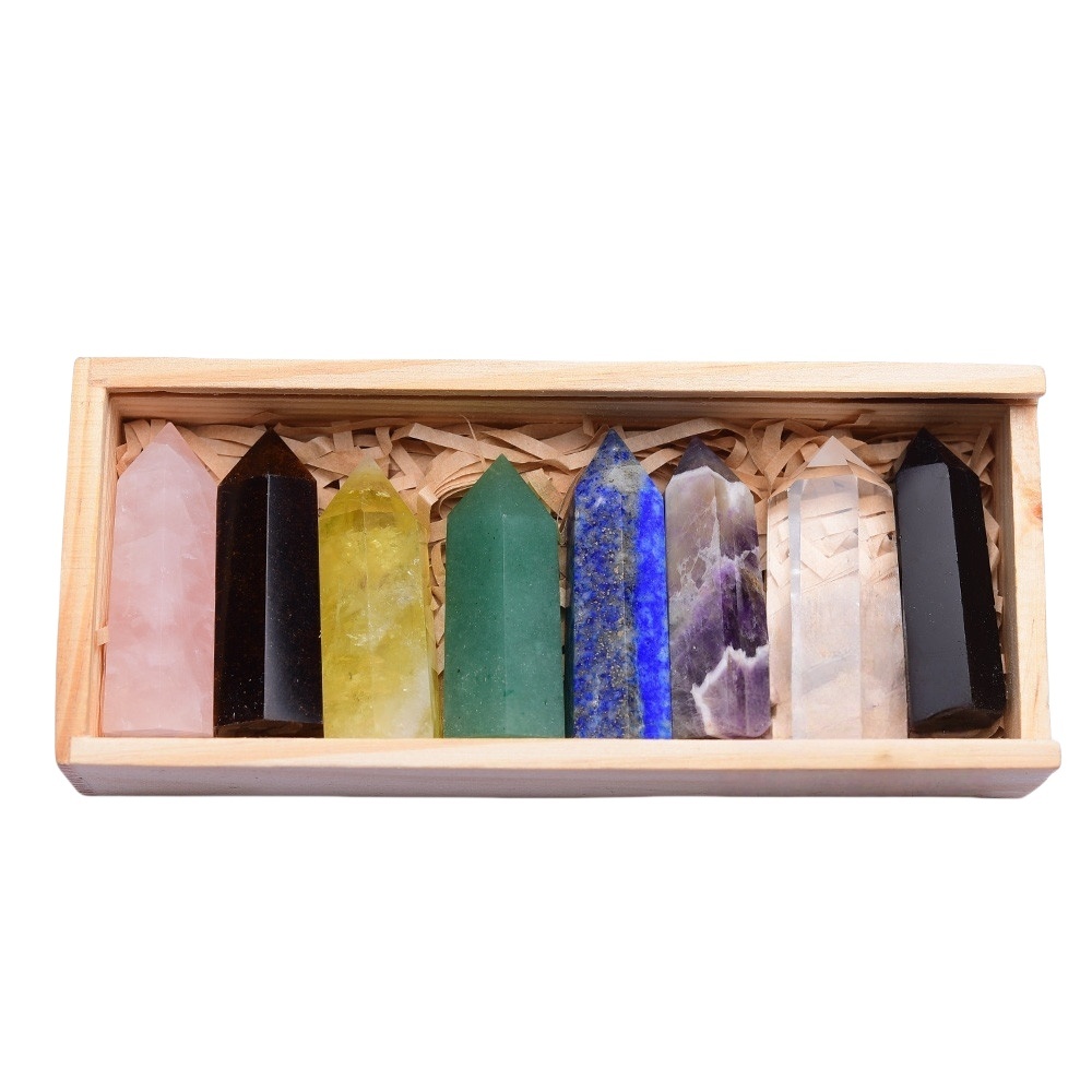 Natural Stone 4-5CM Crystal Column Point 8 Pieces Set in Wood Box Hexagonal Column Crystal Healing Stone Handicraft Friend Gift Set
