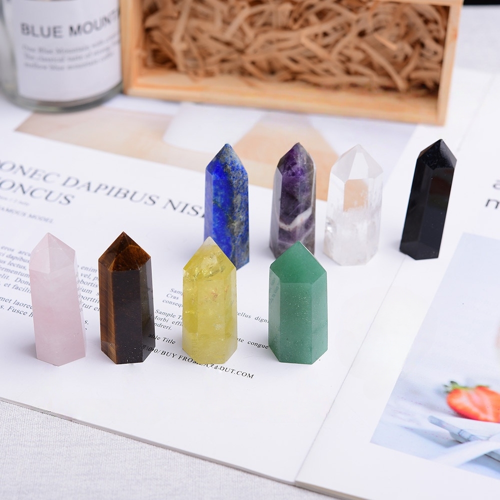 Natural Stone 4-5CM Crystal Column Point 8 Pieces Set in Wood Box Hexagonal Column Crystal Healing Stone Handicraft Friend Gift Set
