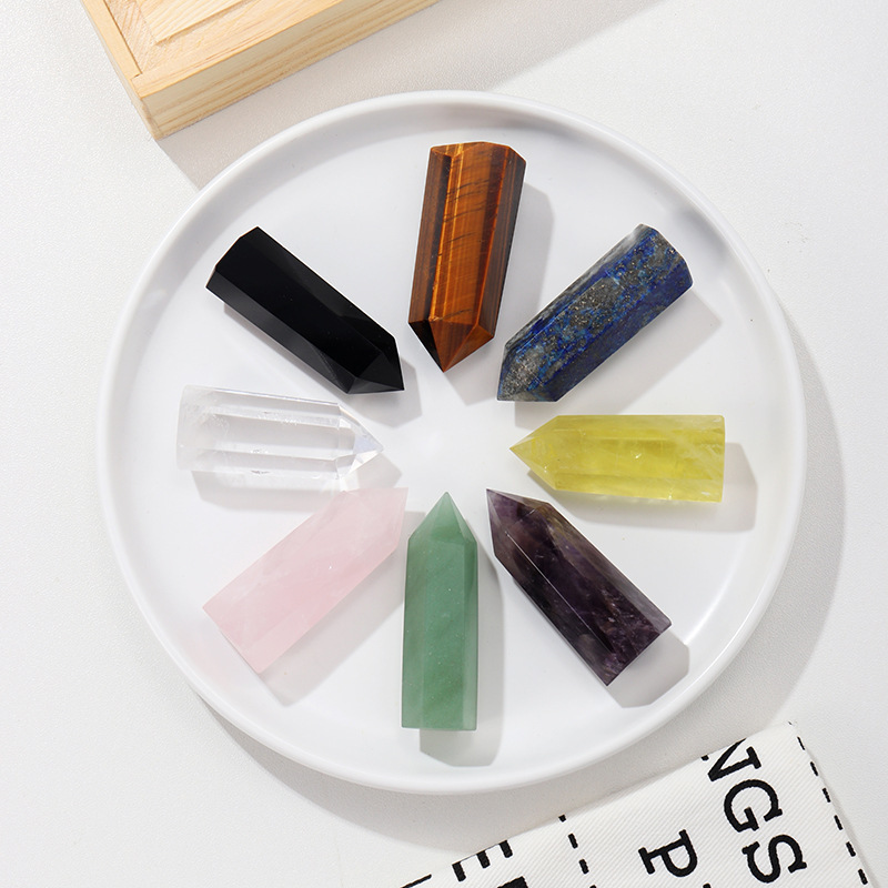 Natural Stone 4-5CM Crystal Column Point 8 Pieces Set in Wood Box Hexagonal Column Crystal Healing Stone Handicraft Friend Gift Set