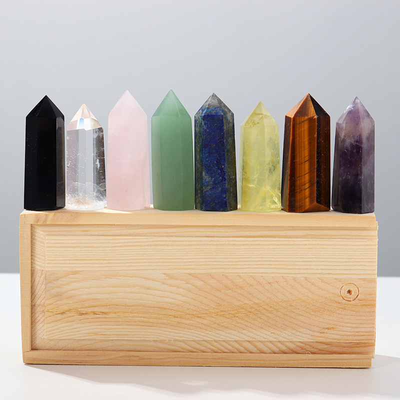Natural Stone 4-5CM Crystal Column Point 8 Pieces Set in Wood Box Hexagonal Column Crystal Healing Stone Handicraft Friend Gift Set