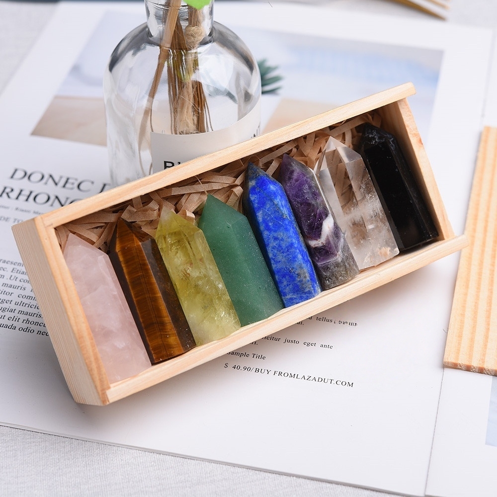 Natural Stone 4-5CM Crystal Column Point 8 Pieces Set in Wood Box Hexagonal Column Crystal Healing Stone Handicraft Friend Gift Set