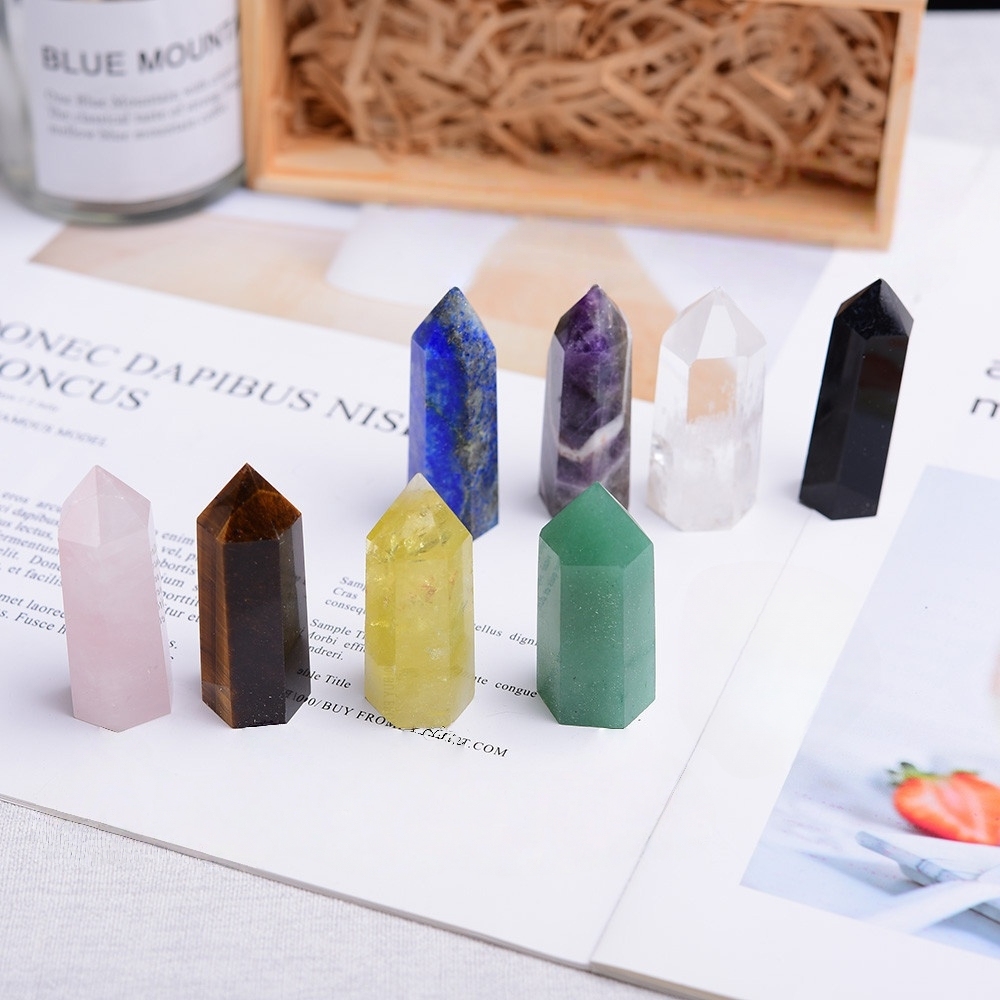 Natural Stone 4-5CM Crystal Column Point 8 Pieces Set in Wood Box Hexagonal Column Crystal Healing Stone Handicraft Friend Gift Set