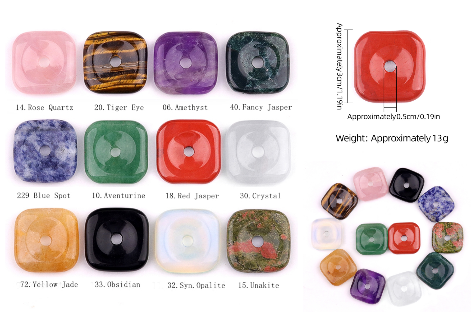 30MM Square Disc Lucky Coin Pingan Pendant for Jewelry Making Polished Crystal Amulet Peace Circle Donut Stone Beads 6MM Large Hole in Middle